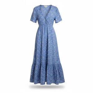 NWOT eShakti‎ Floral Print Women's Short Sleeve Blue Maxi Dress, Size 1X/18W